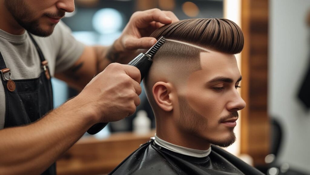 A playful image of a barber clipping the side of a client’s hair